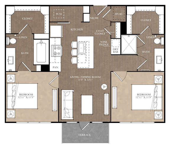 A floor plan of a house with two bedrooms, a living room, a kitchen, a bathroom, a laundry area, and a terrace.
