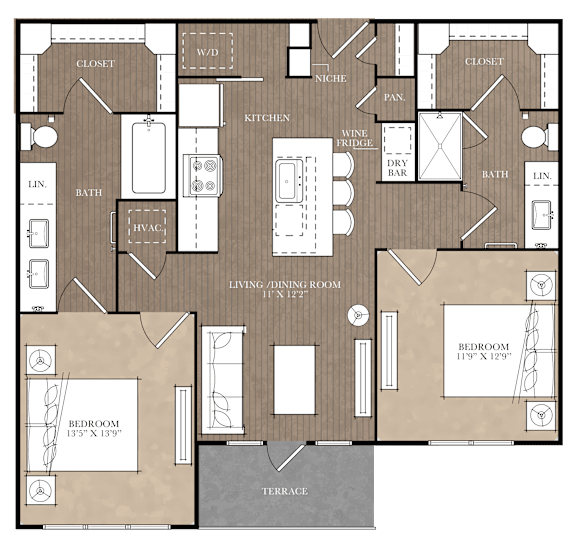 A floor plan of a house with two bedrooms, a living room, a kitchen, a bathroom, a wine fridge, a dry bar, a linen closet, a wine closet, a pantry, and a terrace