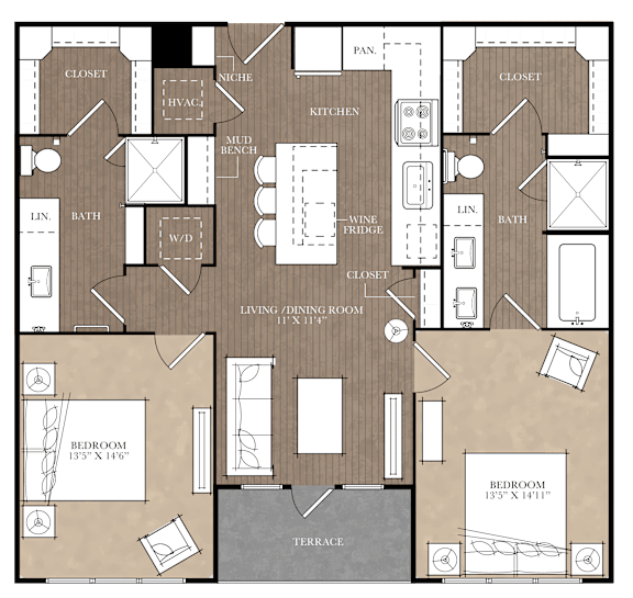 A detailed floor plan of a house with two bedrooms, a living area, kitchen, and bathrooms.