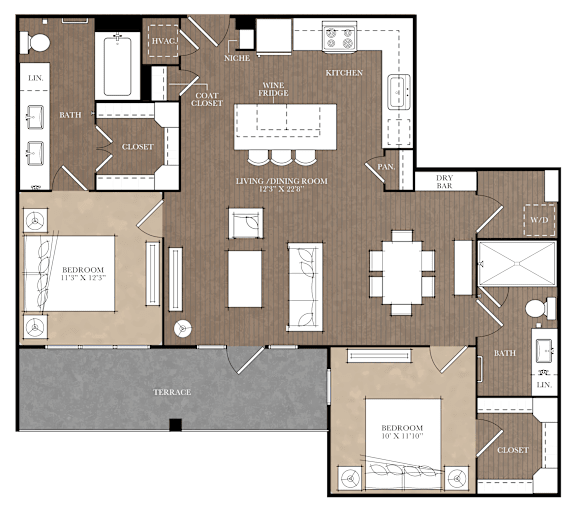 A floor plan of a house with a living room, two bedrooms, a bathroom, a kitchen, a wine fridge, and a dry bar.