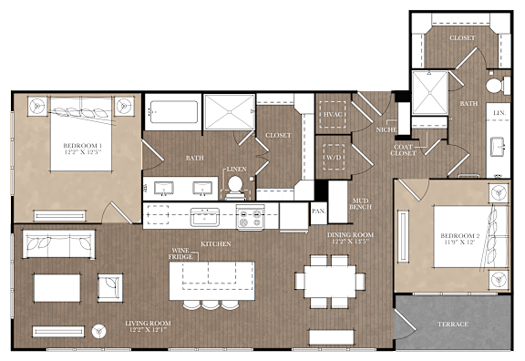 A floor plan of a house with a living room, dining room, kitchen, and two bedrooms.