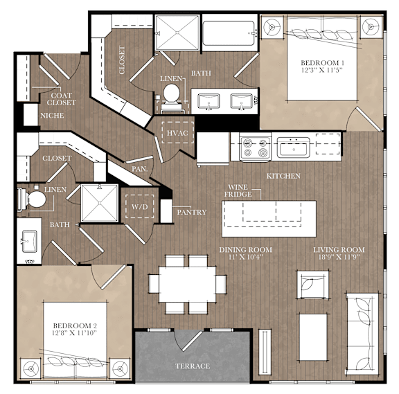 A floor plan of a house with two bedrooms, a living room, a dining room, a kitchen, a bathroom, a closet, a linen closet, a wine fridge, a pantry, and a terrace