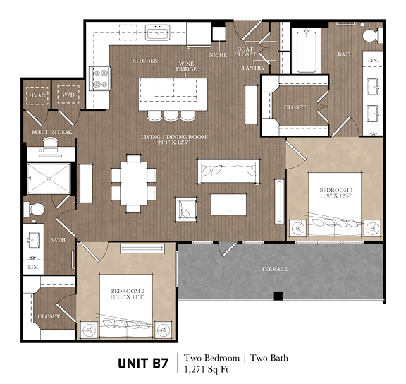 A floor plan of a unit with two bedrooms and two bathrooms.