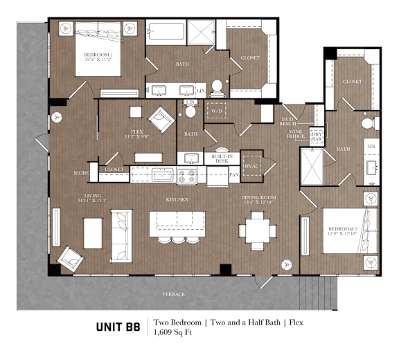 A floor plan of a two bedroom apartment with two and a half baths.