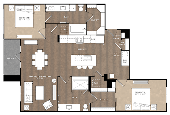 A floor plan of a house with a living room, dining room, kitchen, and bathrooms.