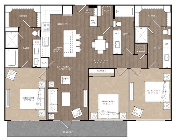 A floor plan of a house with labeled rooms such as "Kitchen", "Living Room", and "Bedroom 1".