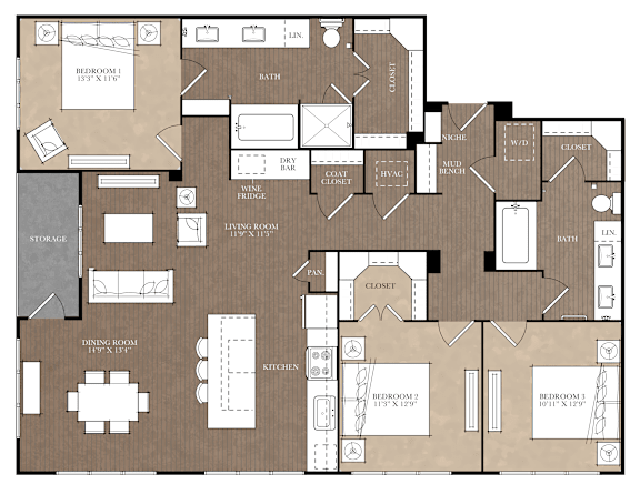 A detailed floor plan of a house with labeled rooms and furniture.