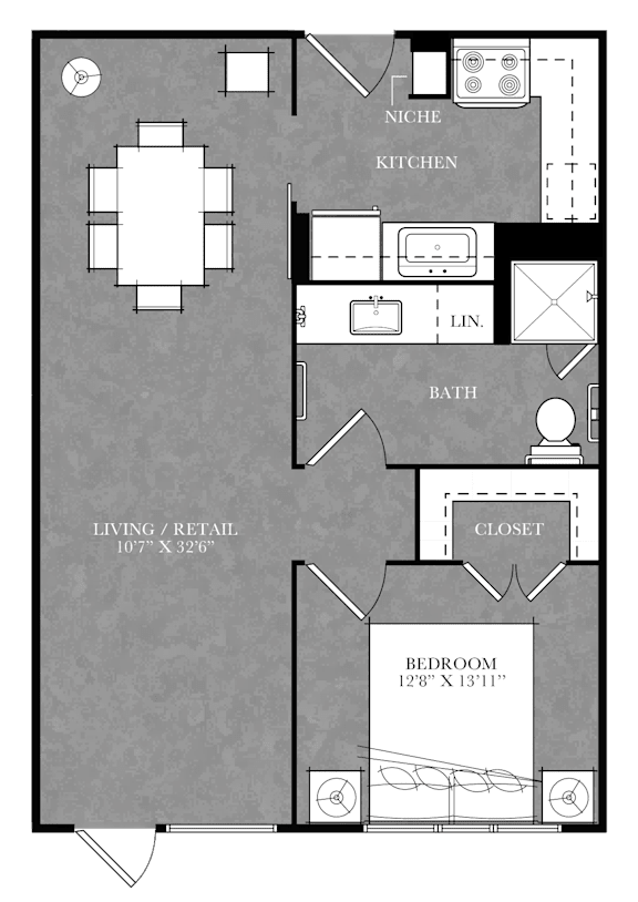 A floor plan of a house with a living room, kitchen, bathroom, and bedroom.