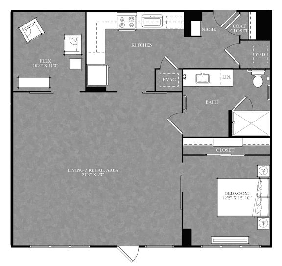 A floor plan of a house with a living room, kitchen, and bathroom.