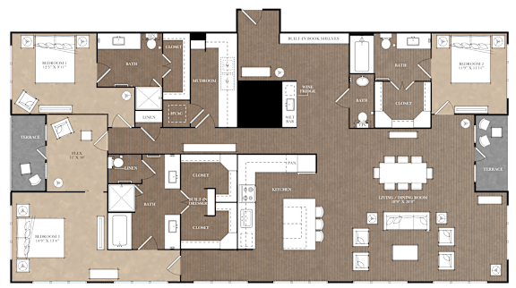 A floor plan of a building with multiple rooms and labeled areas.