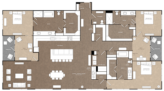 A large floor plan of a building with multiple rooms and labeled areas.