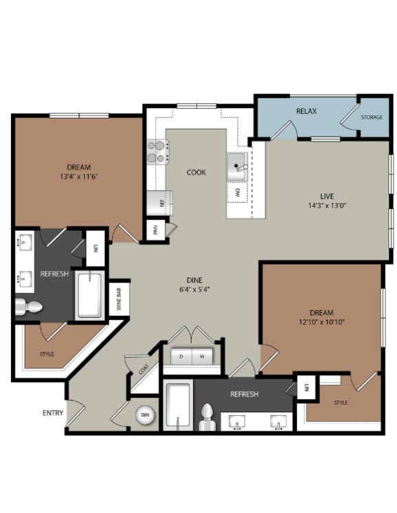 a floor plan of a 1 bedroom floor plan with roommates