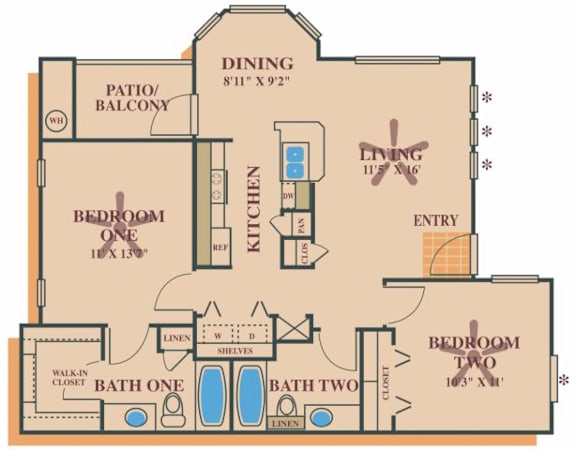 A floor plan of a house with a dining area, two bedrooms, a bathroom, a kitchen, a pantry, a patio, and an entry.