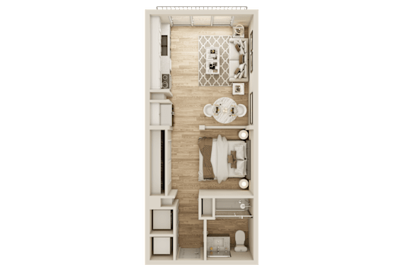 A detailed 3D floor plan of a small apartment layout.