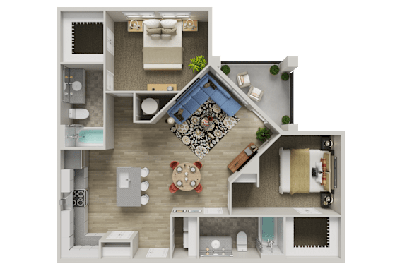 A top-down view of a house layout with a living room, kitchen, and bathroom.