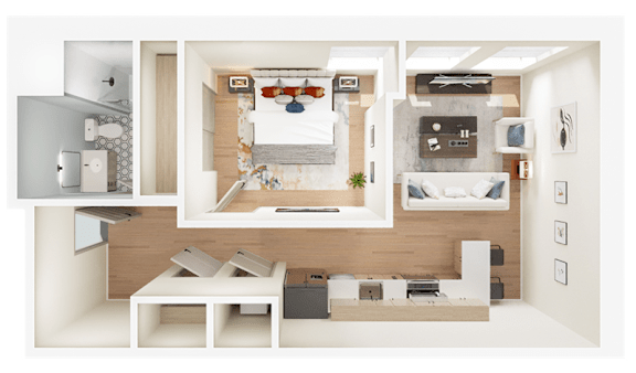 A 3D rendered image of a modern bedroom with a bed, nightstand, and a desk.