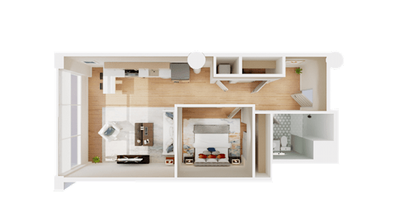 A 3D rendered image of a house layout.