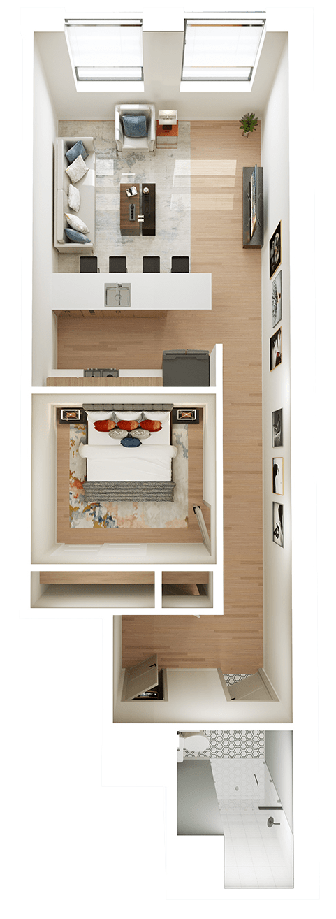 A floor plan of a small apartment with a kitchen, living room, and two bedrooms.