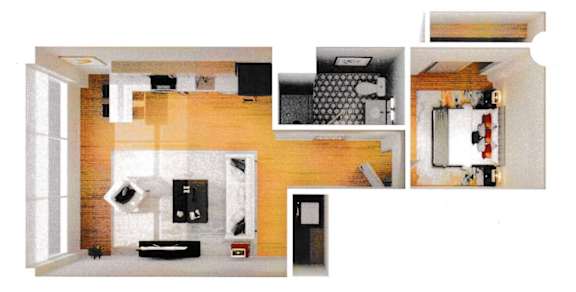 A series of images showing a kitchen, living room, and bathroom.