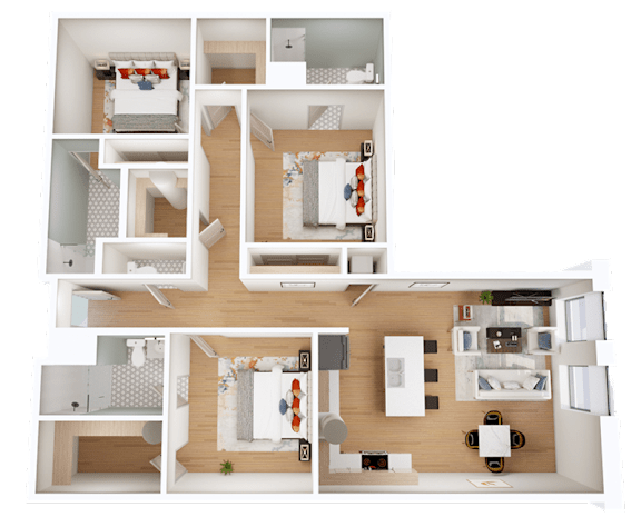 A top-down view of a house layout with multiple rooms and furniture.