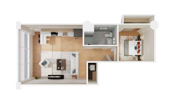 A cutaway view of a modern kitchen and living room.
