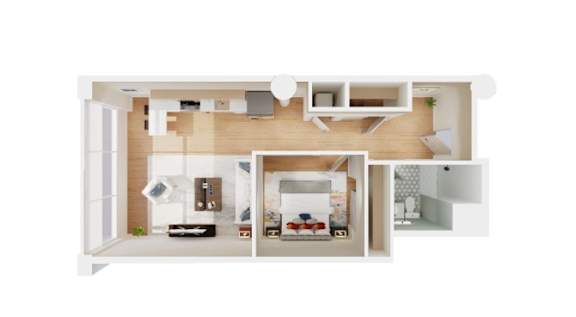 A white model of a house with a living room, kitchen, and bedroom.