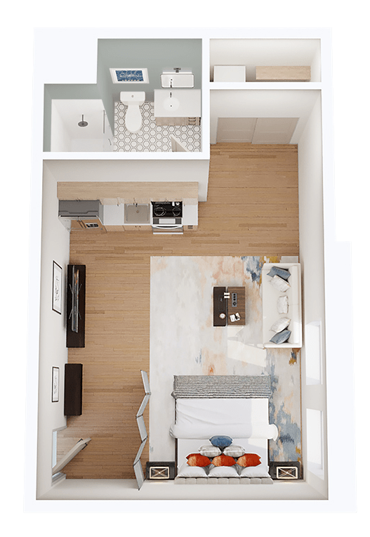 A top-down view of a small apartment with a kitchen, living room, and bedroom.
