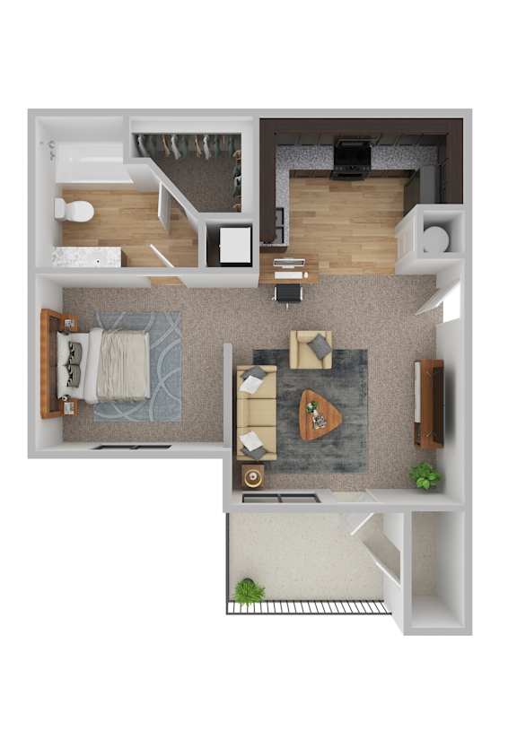 A top-down view of a small apartment with a kitchen, living room, and bathroom.