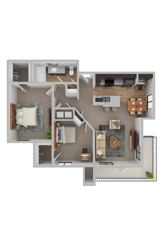 A 3D floor plan of a house showing a kitchen, living room, and two bedrooms.