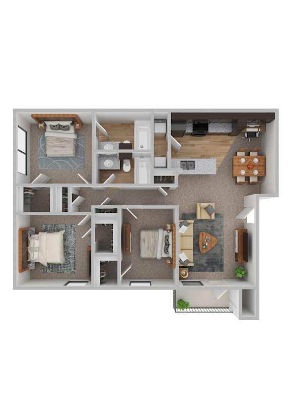 A top-down view of a house layout with two bedrooms, a living room, a kitchen, and a bathroom.