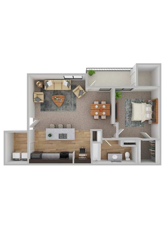 A 3D floor plan of a small apartment with a kitchen, living room, and bedroom.