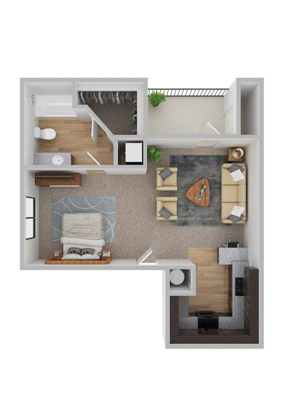 A top down view of a small apartment with a bedroom, living room, and kitchen.