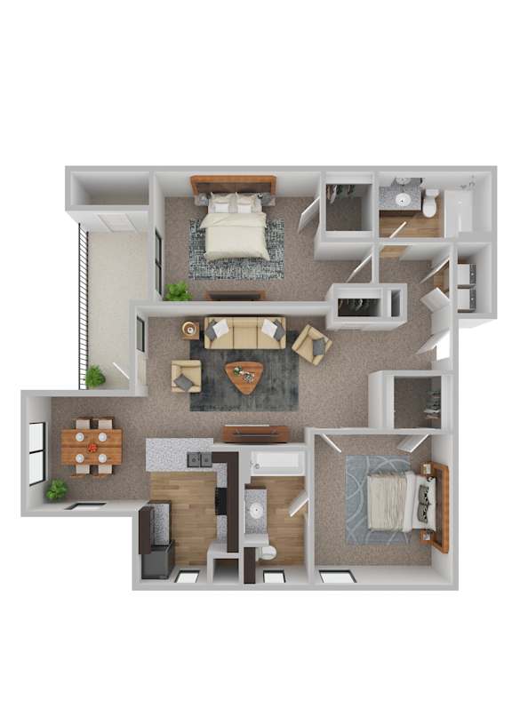 A top-down view of a house layout with a kitchen, living room, dining room, and bedrooms.