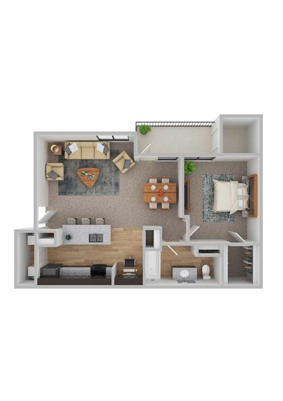 A 3D floor plan of a small apartment with a kitchen, living room, and bedroom.