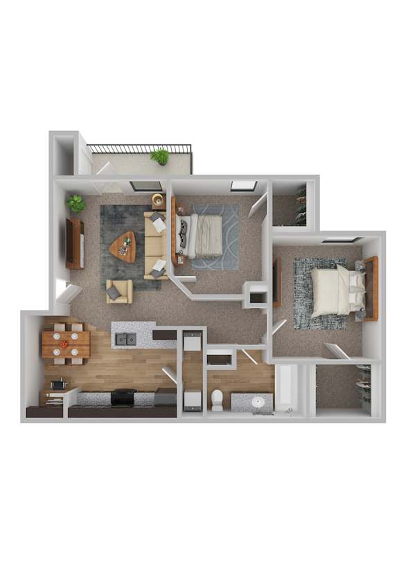 A 3D floor plan of a house showing a kitchen, living room, dining room, and bathroom.