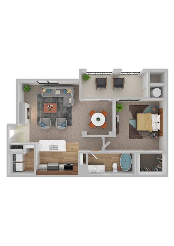 A 3D floor plan of a house with a kitchen, living room, and two bedrooms.