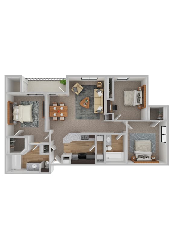 A 3D floor plan of a small apartment with a kitchen, living room, and bedroom.