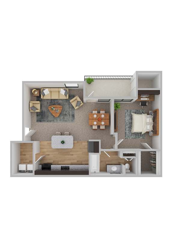 A 3D floor plan of a small apartment with a kitchen, living room, and bathroom.