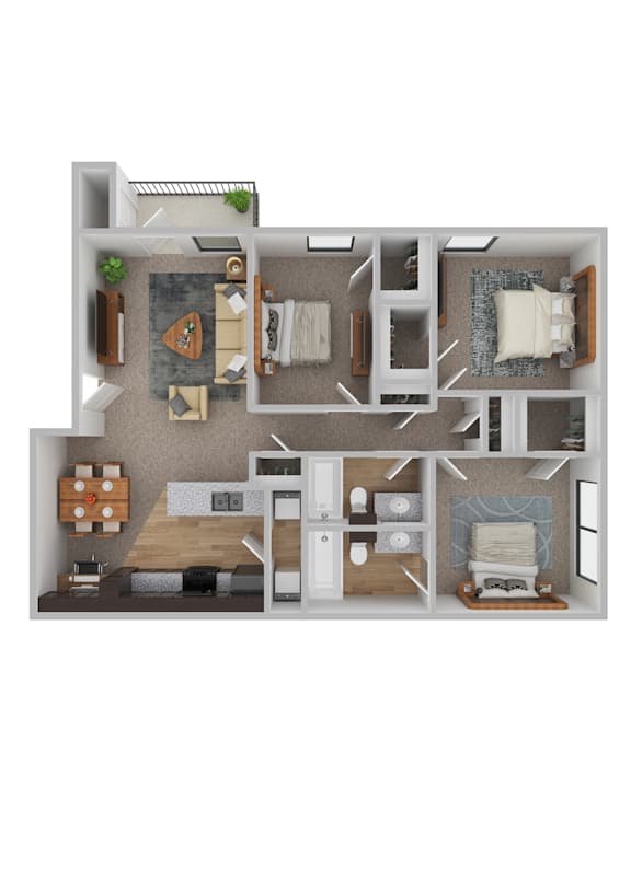 A 3D floor plan of a small apartment with a kitchen, living room, and bedrooms.