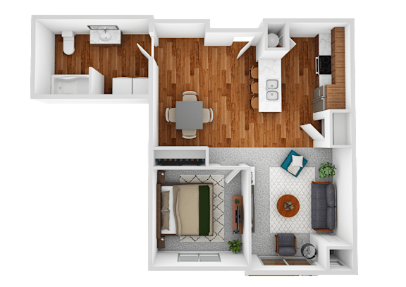 A top-down view of a room with a dining area, kitchen, and living room.