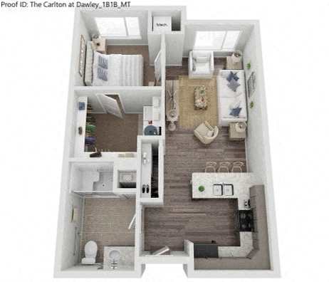 A floor plan of a one bedroom apartment with a kitchen and bathroom.