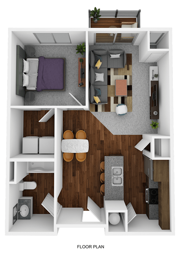 A floor plan of a small apartment with a living room, kitchen, and two bedrooms.