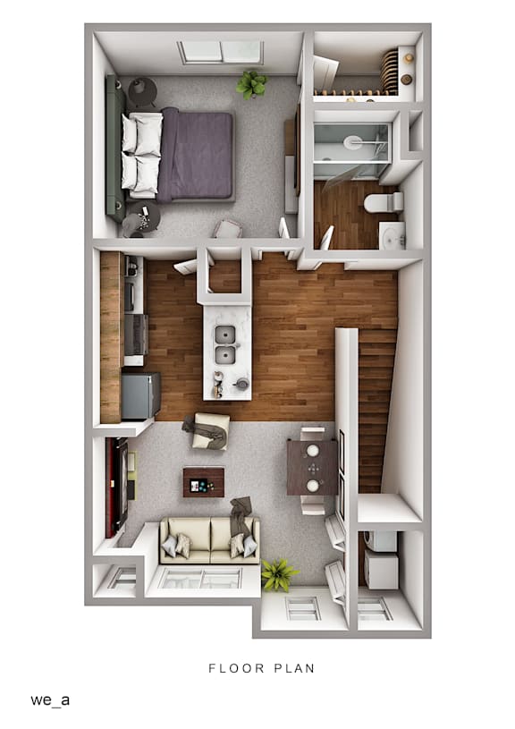 A floor plan of a small apartment with a kitchen, living room, and bedrooms.