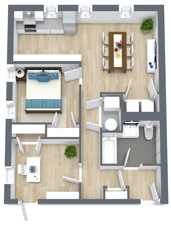 A floor plan of a house with a kitchen, living room, dining room, and bathroom.