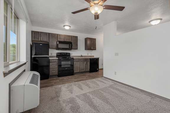 A kitchen with a black fridge, microwave, and oven.