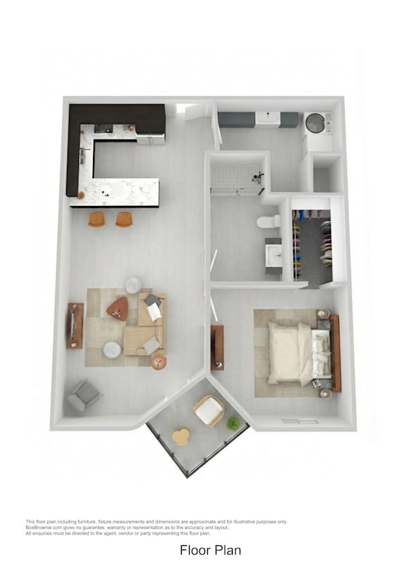 A floor plan of a small apartment with a kitchen, living room, and bathroom.