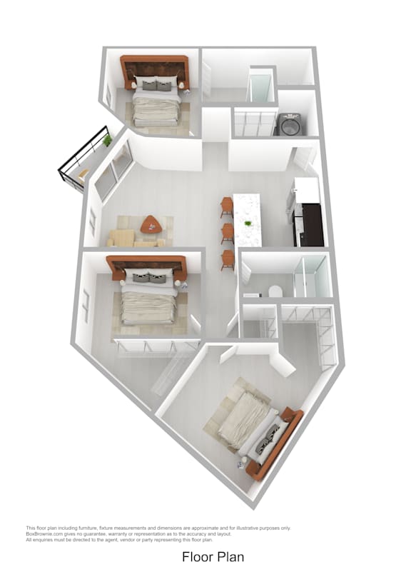 A floor plan of a house with three bedrooms, a living room, a kitchen, and a bathroom.