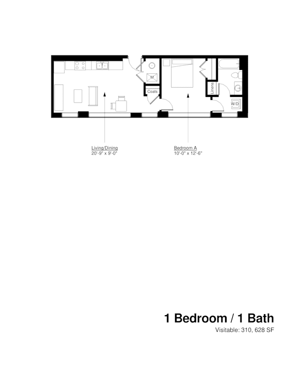 A floor plan of a one bedroom apartment with a bathroom.