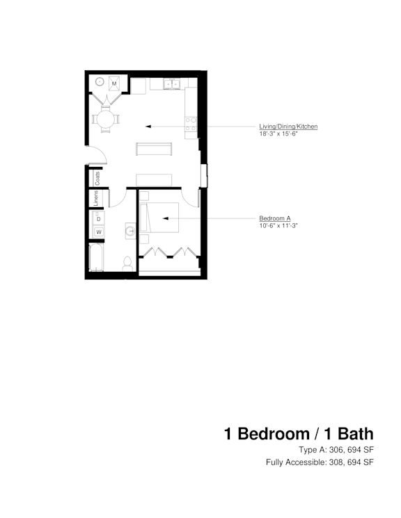A floor plan of a 1 bedroom, 1 bathroom apartment.