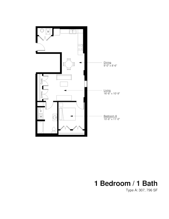 A floor plan of a one bedroom apartment with one bath.